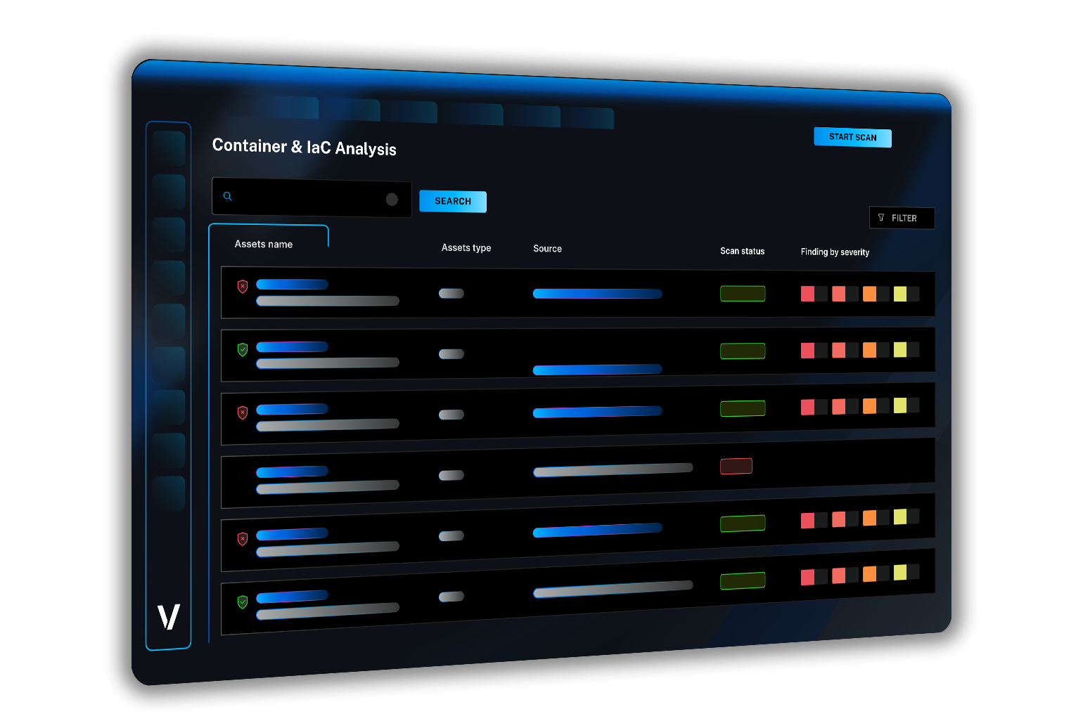 Veracode Container & IaC Analysis dashboard listing assets by name, type, source, scan status, and findings by severity in a six-row data table.
