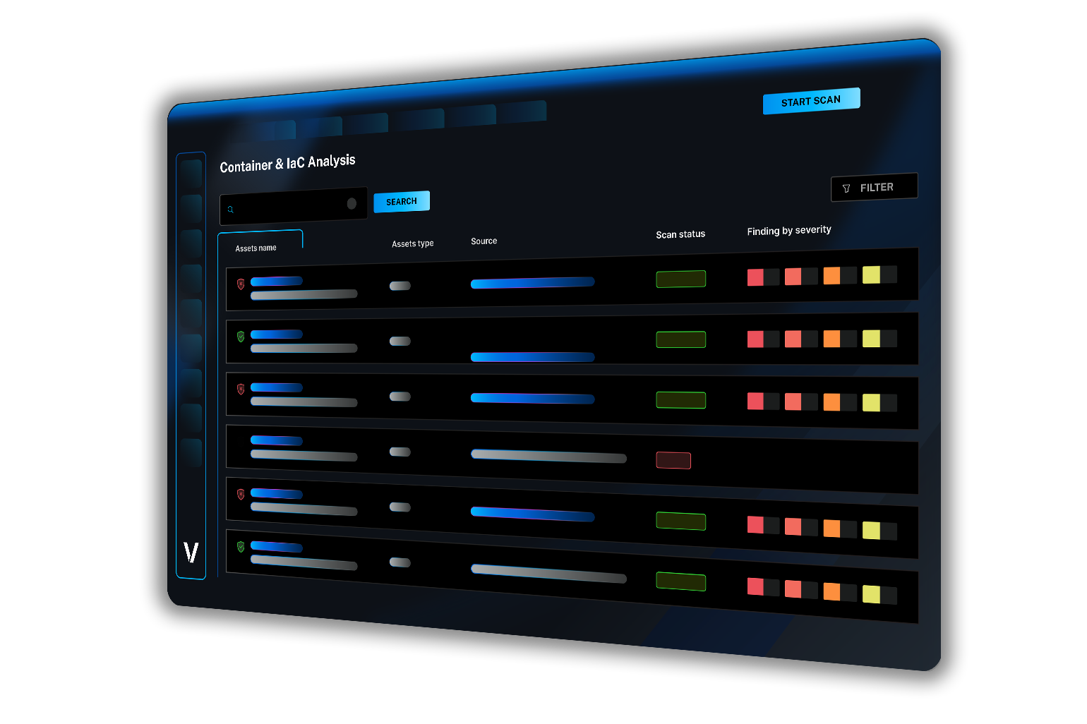Veracode Container & IaC Analysis dashboard listing assets by name, type, source, scan status, and findings by severity in a six-row data table.