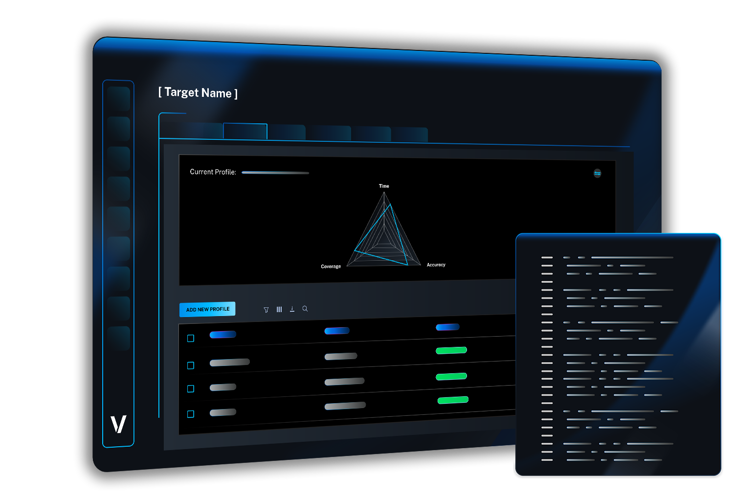 Veracode DAST target profile dashboard showing a radar chart comparing Time, Coverage, and Accuracy metrics, with a profile list and an overlaid code panel.