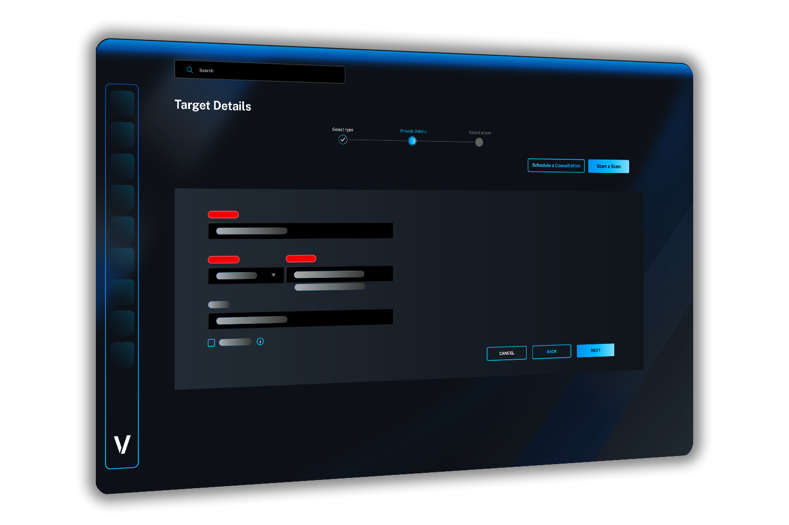Veracode DAST scan configuration screen showing the "Staging 3 Demoapp" target with a Full Scan selection list and Save/Cancel buttons.