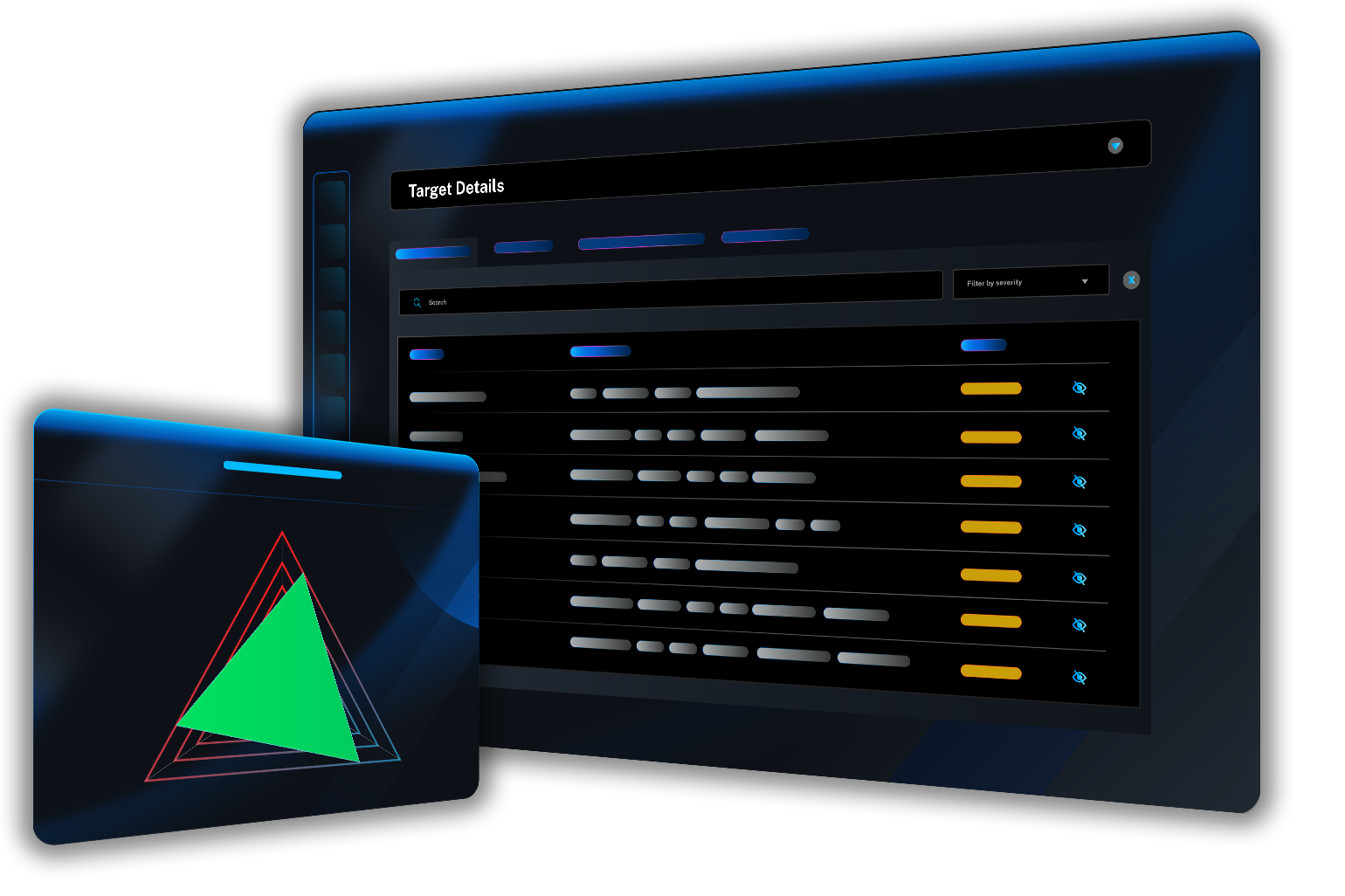 Veracode DAST Target Details screen with a floating green triangle graphic overlapping a dashboard showing a filtered list of target findings.