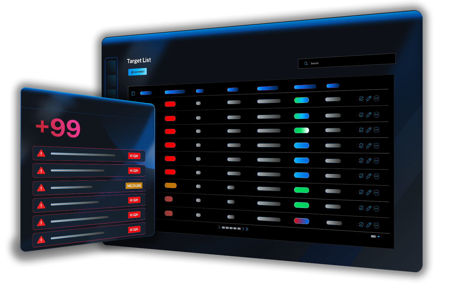 Veracode DAST Target List dashboard with an Add Target button, overlaid by a floating alert card showing "+99" new findings with severity badges ranging from High to Medium.