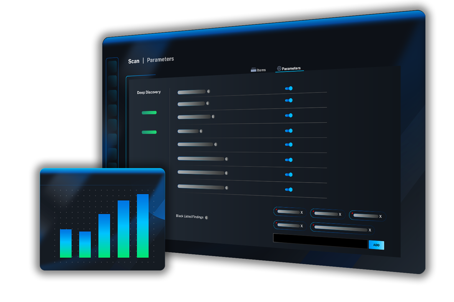 Veracode DAST scan parameters configuration screen showing "Deep Discovery" settings with toggle switches and a Black Listed Findings input section, alongside a floating bar chart graphic.