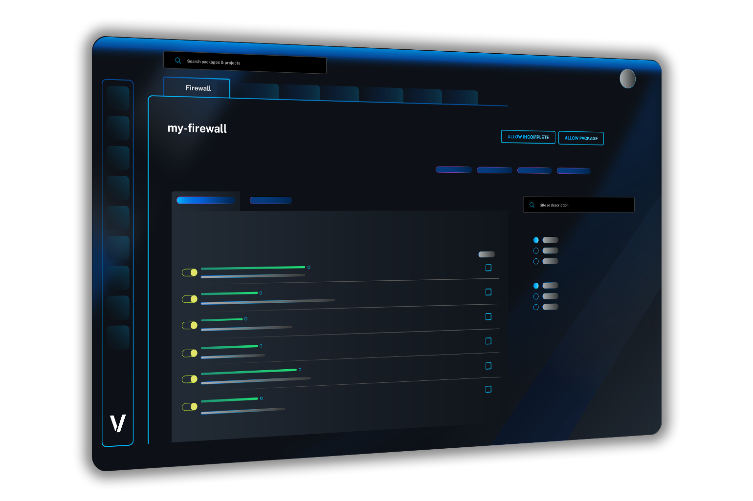 Veracode package firewall configuration screen for "my-firewall," showing a list of package rules with toggle switches, status bars, and Allow Package controls.
