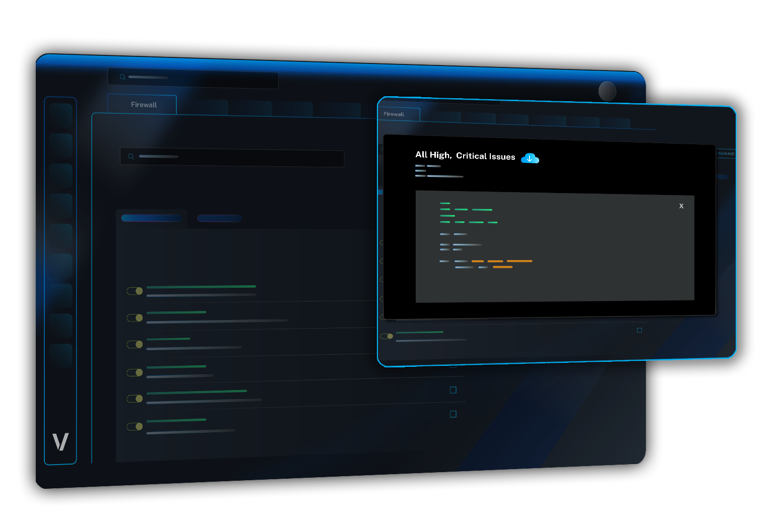 Veracode package firewall modal showing "All High, Critical Issues" with a download icon, displaying a list of code or log entries with color-highlighted lines.